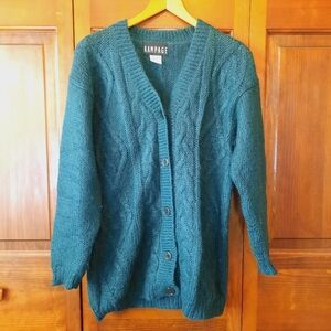 Vintage Rampage Mohair Blend Dark Green Cable Knit Cardigan Sweater Size Small